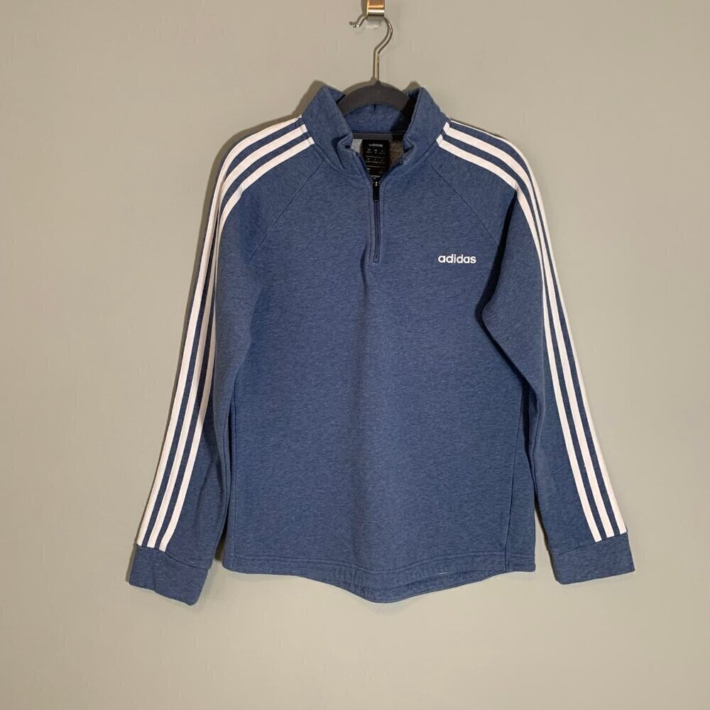 Adidas Quarter Zip Pullover Women Size Medium Blue Heathered 3-Stripe Sweatshirt